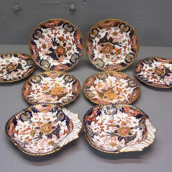 gilded Imari pattern china - 6 side plates and 2 handled dishes, unknown Crown mark - minor scratching,  dishes are