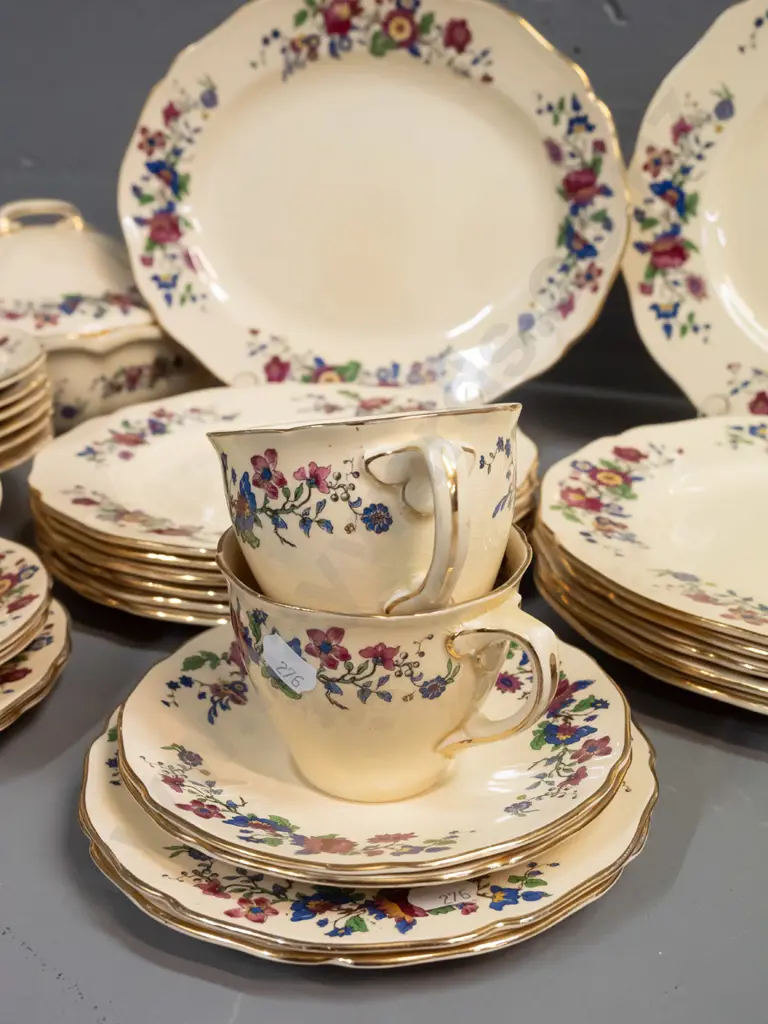 vintage Royal Doulton 6-place dinner set with 2 bowl and 2 plate sizes, w/ lidded vegetable dish and 2 ashetts. Overall Image 1++