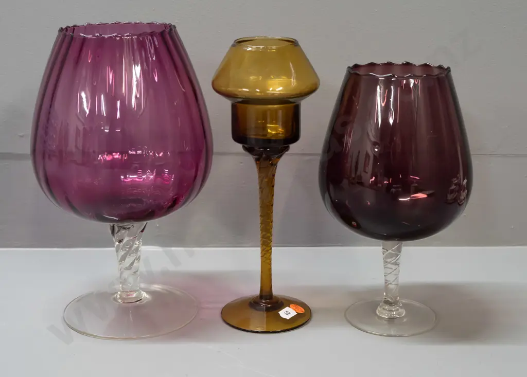 3 retro stemmed glass items - 2 clear stem amethyst goblet shaped, smaller is darker smoked colour, & a dark amber with Image 1++