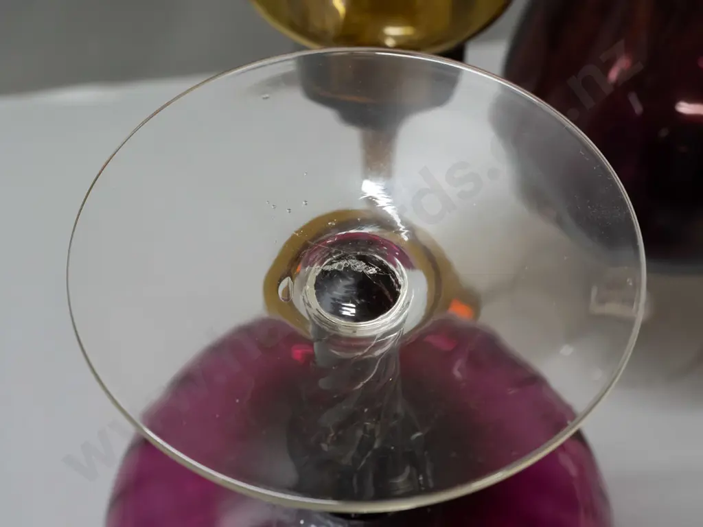 3 retro stemmed glass items - 2 clear stem amethyst goblet shaped, smaller is darker smoked colour, & a dark amber with Image 1++