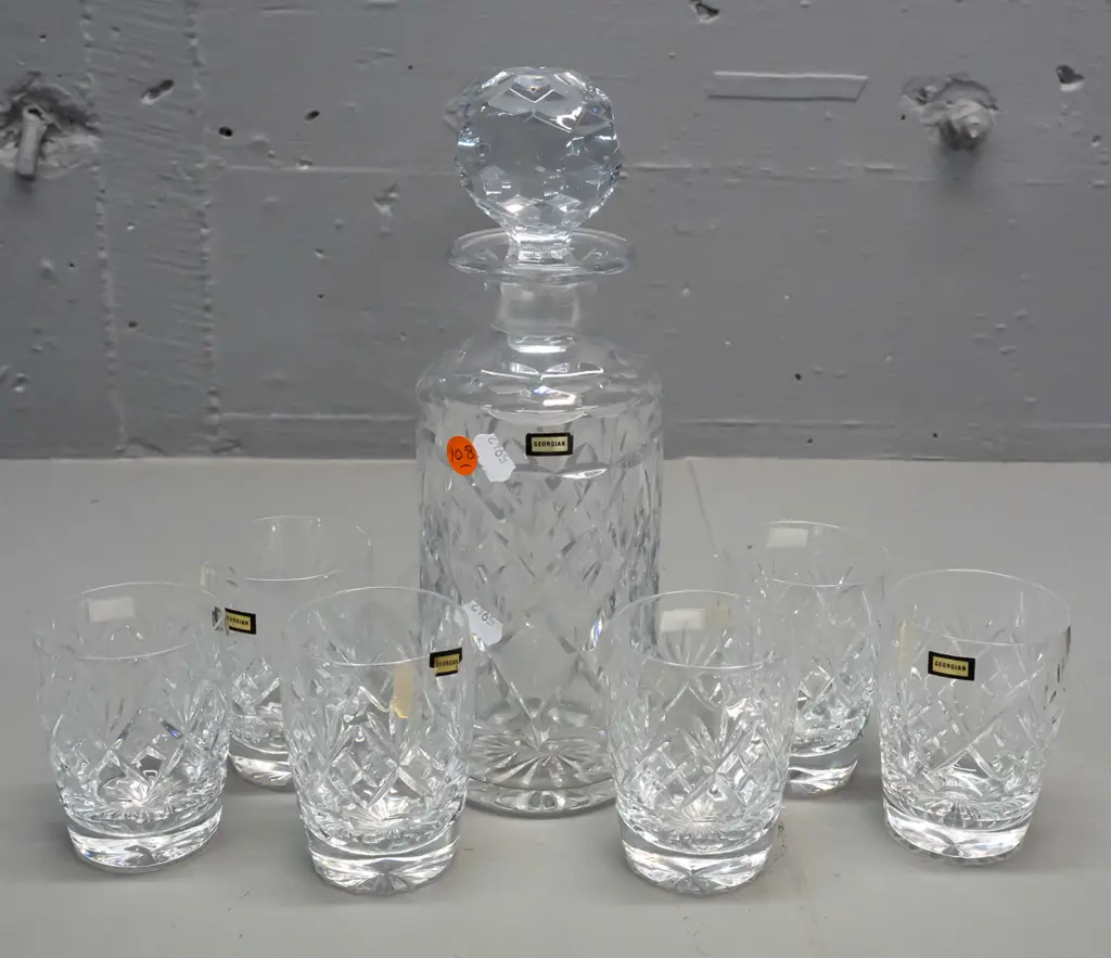 crystal decanter and 6 tumblers - "Georgian" labels, hard to read mark - Webb-Corbett? - some staining inside decanter, Image 1++