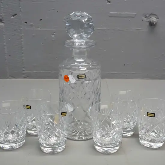 crystal decanter and 6 tumblers - "Georgian" labels, hard to read mark - Webb-Corbett? - some staining inside decanter,