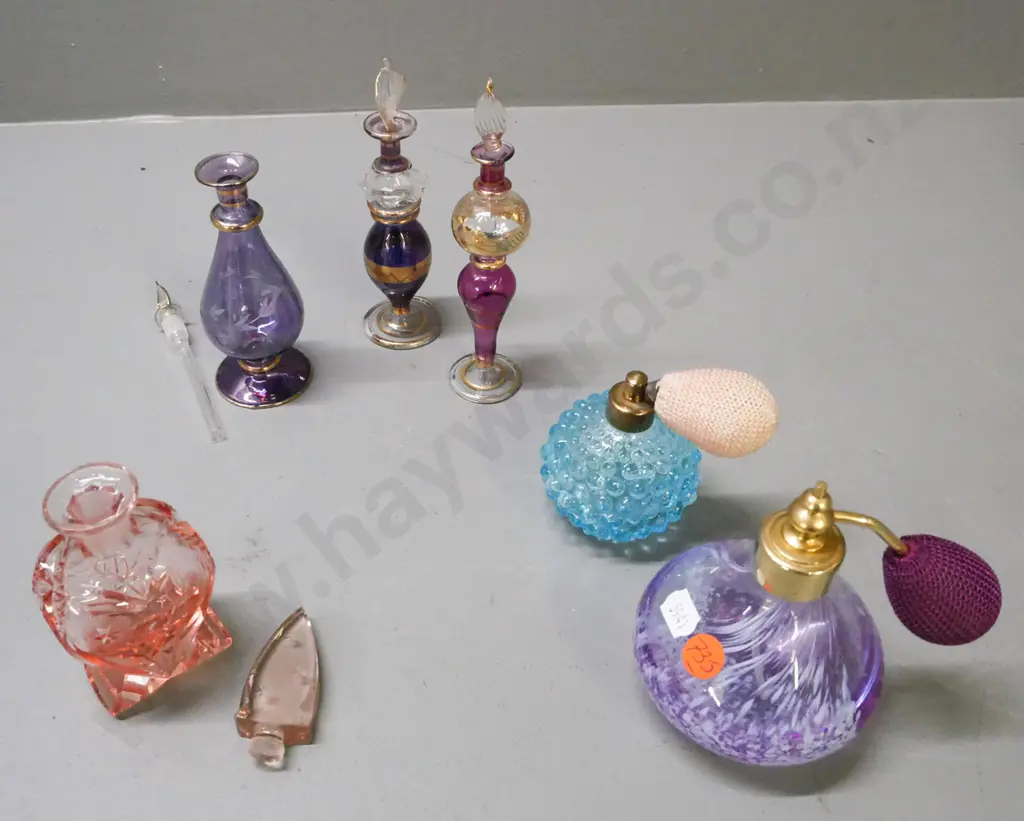 6x coloured glass perfume bottles, 4x w/ stoppers, 2x w/ atomisers. 1x cut glass, 1x moulded glass. Image 1++