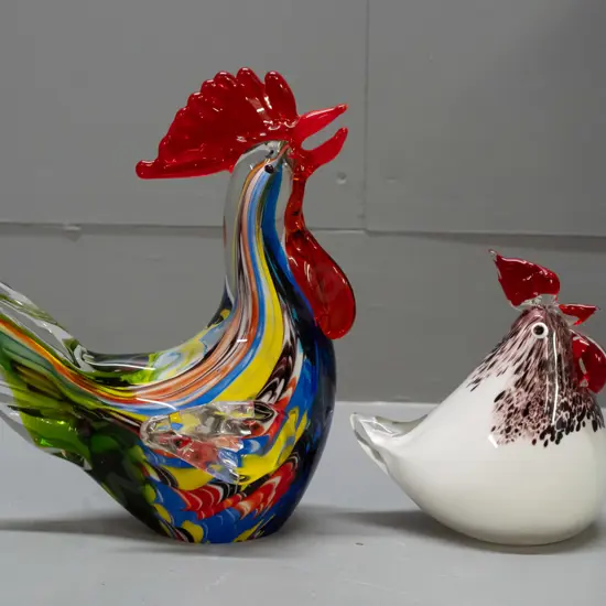 2 art glass Murano style roosters - larger one H-210 L-180