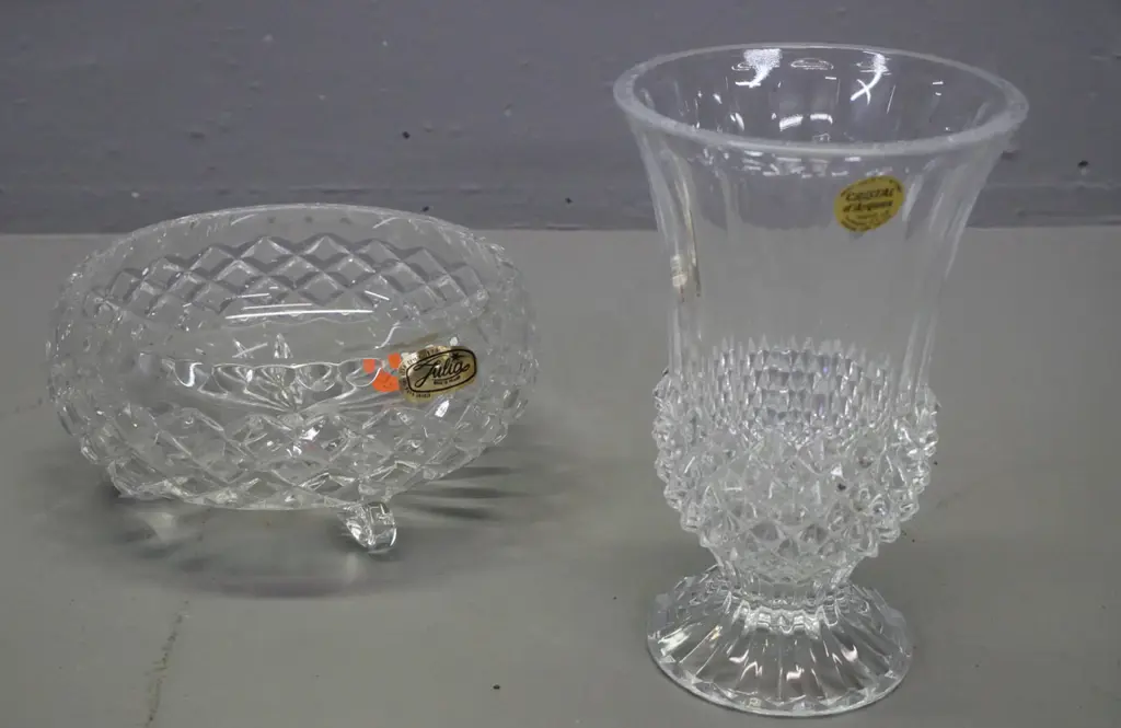 2 crystal items: 3-footed crystal bowl marked Julia Made in Poland, french hobnail-cut and fluted crystal vase Image 1++