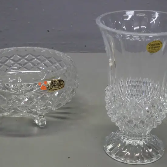 2 crystal items: 3-footed crystal bowl marked Julia Made in Poland, french hobnail-cut and fluted crystal vase