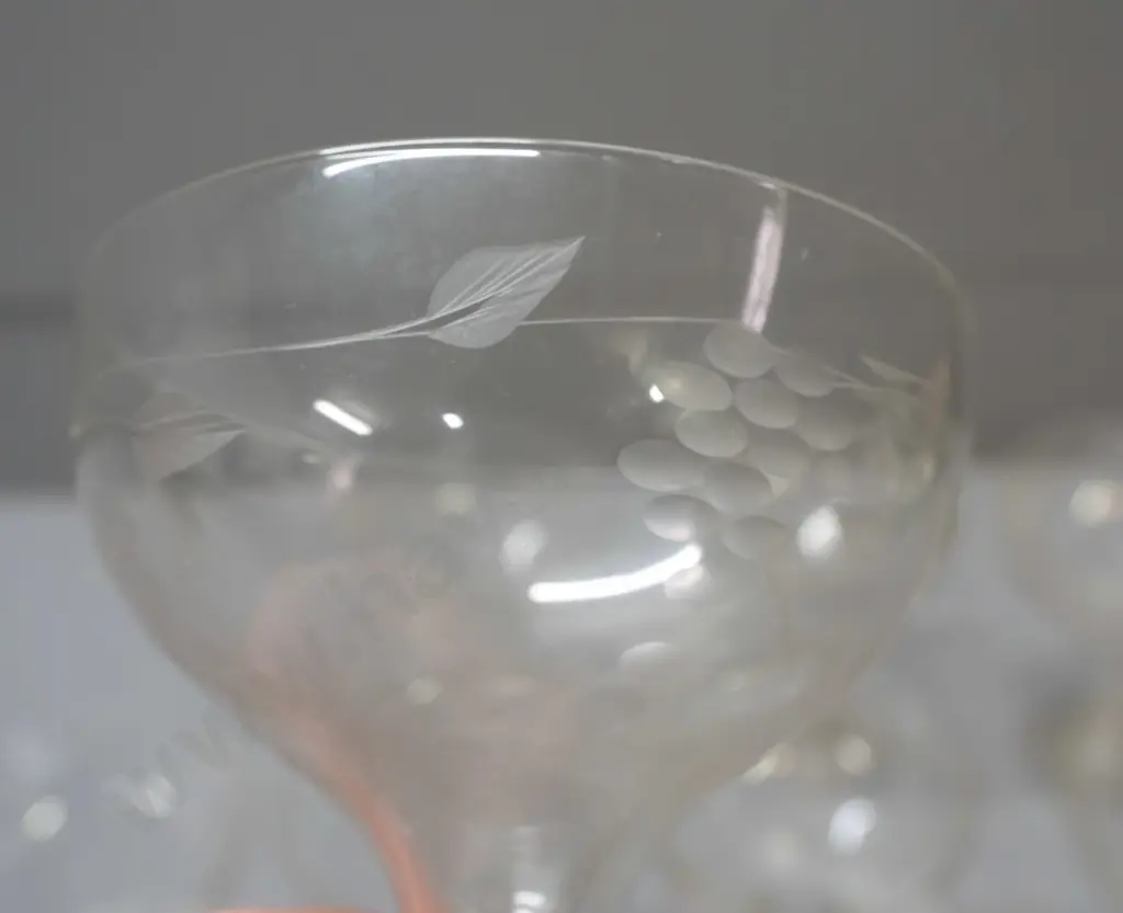 8 hollow-stem champagne glasses with etched pattern around bowls - some with grape motif, some bamboo and leaf pattern, Image 1++