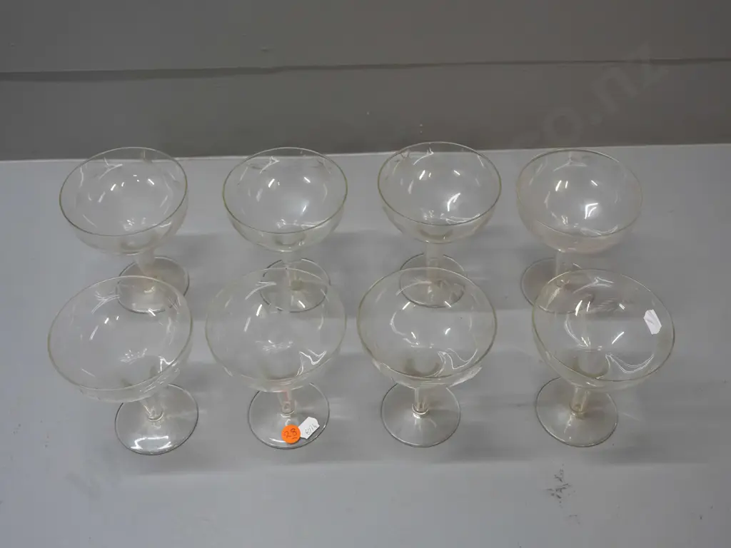 8 hollow-stem champagne glasses with etched pattern around bowls - some with grape motif, some bamboo and leaf pattern, Image 1++