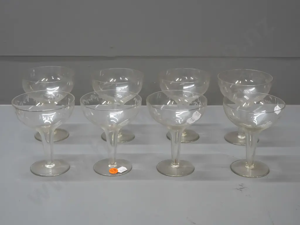 8 hollow-stem champagne glasses with etched pattern around bowls - some with grape motif, some bamboo and leaf pattern, Image 1++