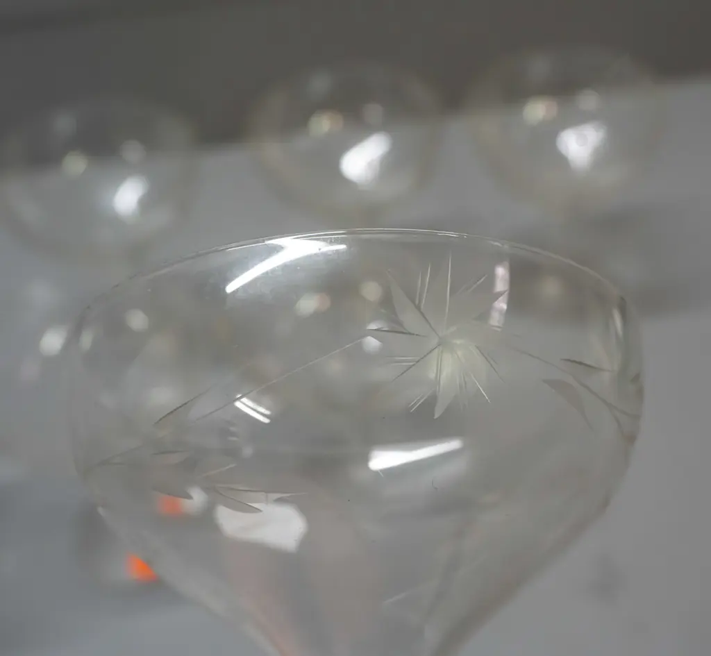 8 hollow-stem champagne glasses with etched pattern around bowls - some with grape motif, some bamboo and leaf pattern, Image 1++