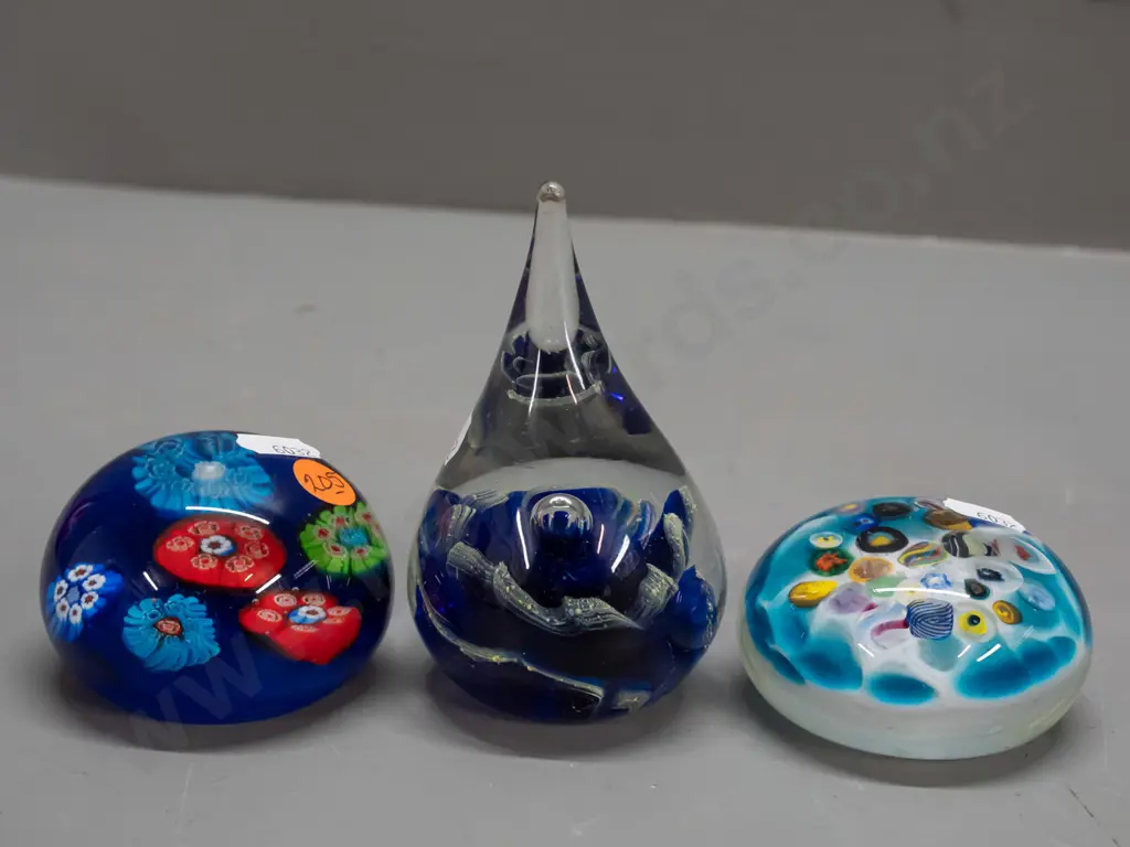 3 art glass paperweights - 2 millefiore style, conical one with internal wave shapes H-110 Image 1++