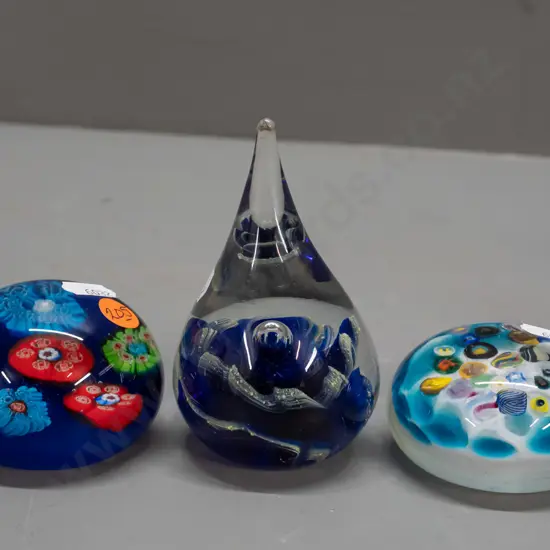 3 art glass paperweights - 2 millefiore style, conical one with internal wave shapes H-110