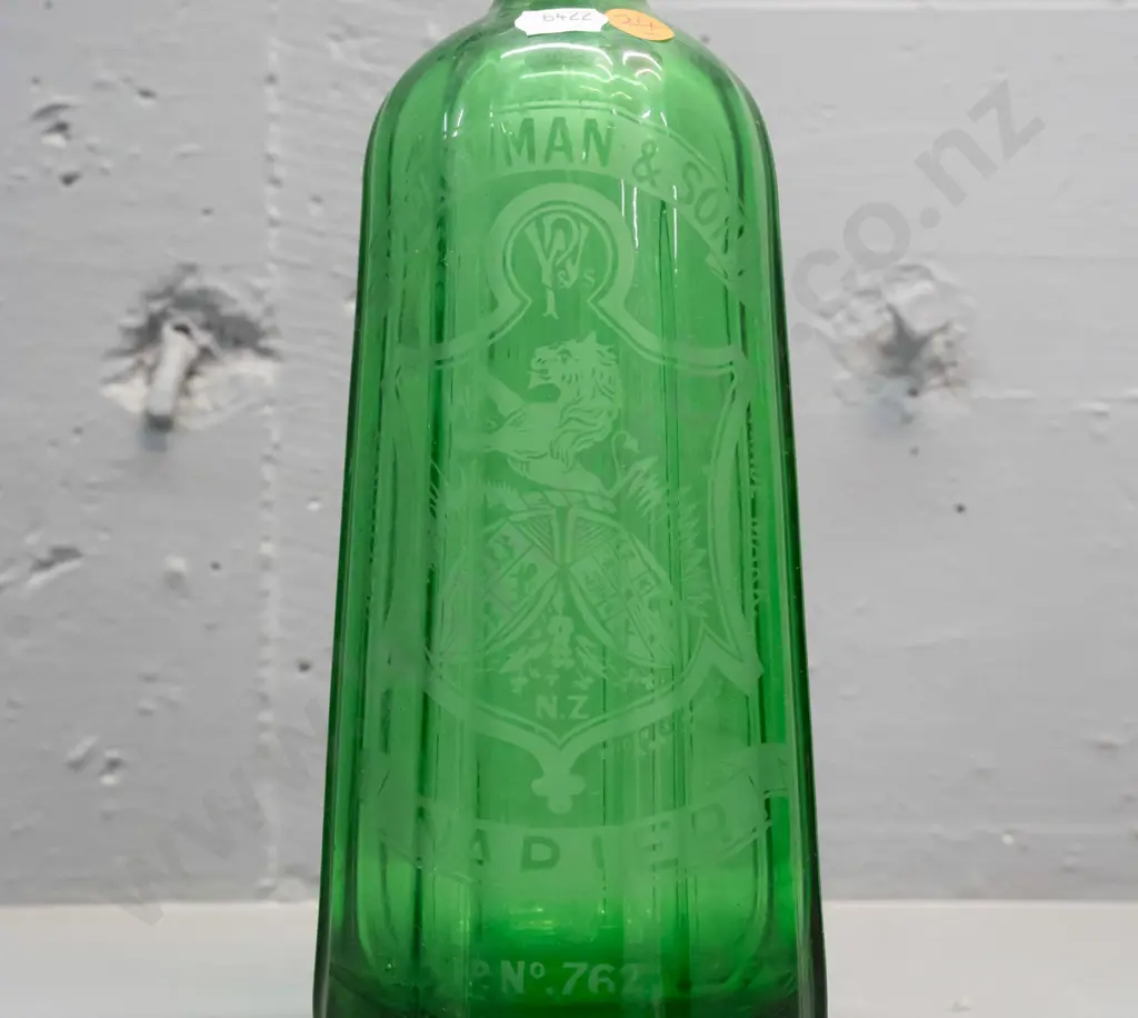 green fluted glass soda syphon marked Plowman & Son Napier - cap marked Plowman 1944 Ltd Napier H-320 Image 1++