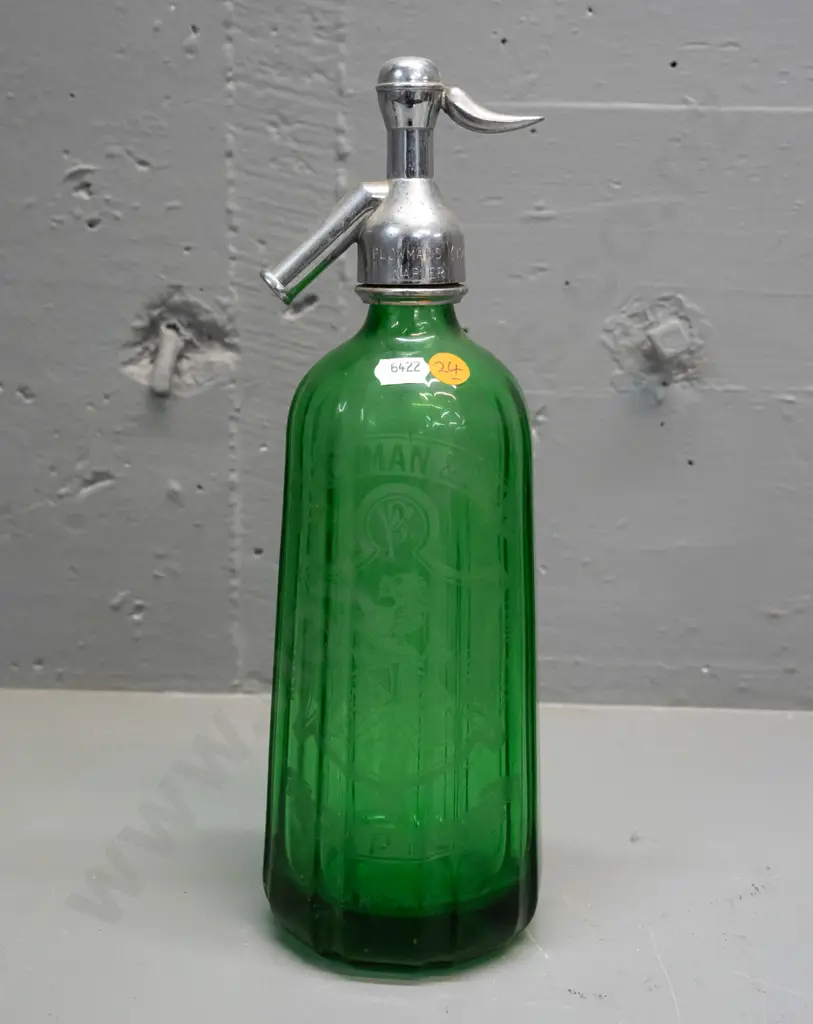 green fluted glass soda syphon marked Plowman & Son Napier - cap marked Plowman 1944 Ltd Napier H-320 Image 1++