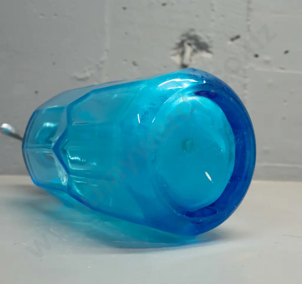 bright blue faceted glass soda syphon marked C.G. Watson Ltd Hastings - British Syphon Co London, cap marked C.G. Watson Image 1++