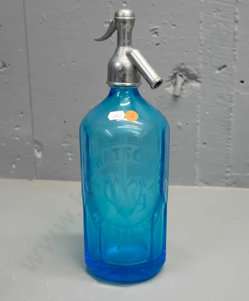 bright blue faceted glass soda syphon marked C.G. Watson Ltd Hastings - British Syphon Co London, cap marked C.G. Watson Image 1++