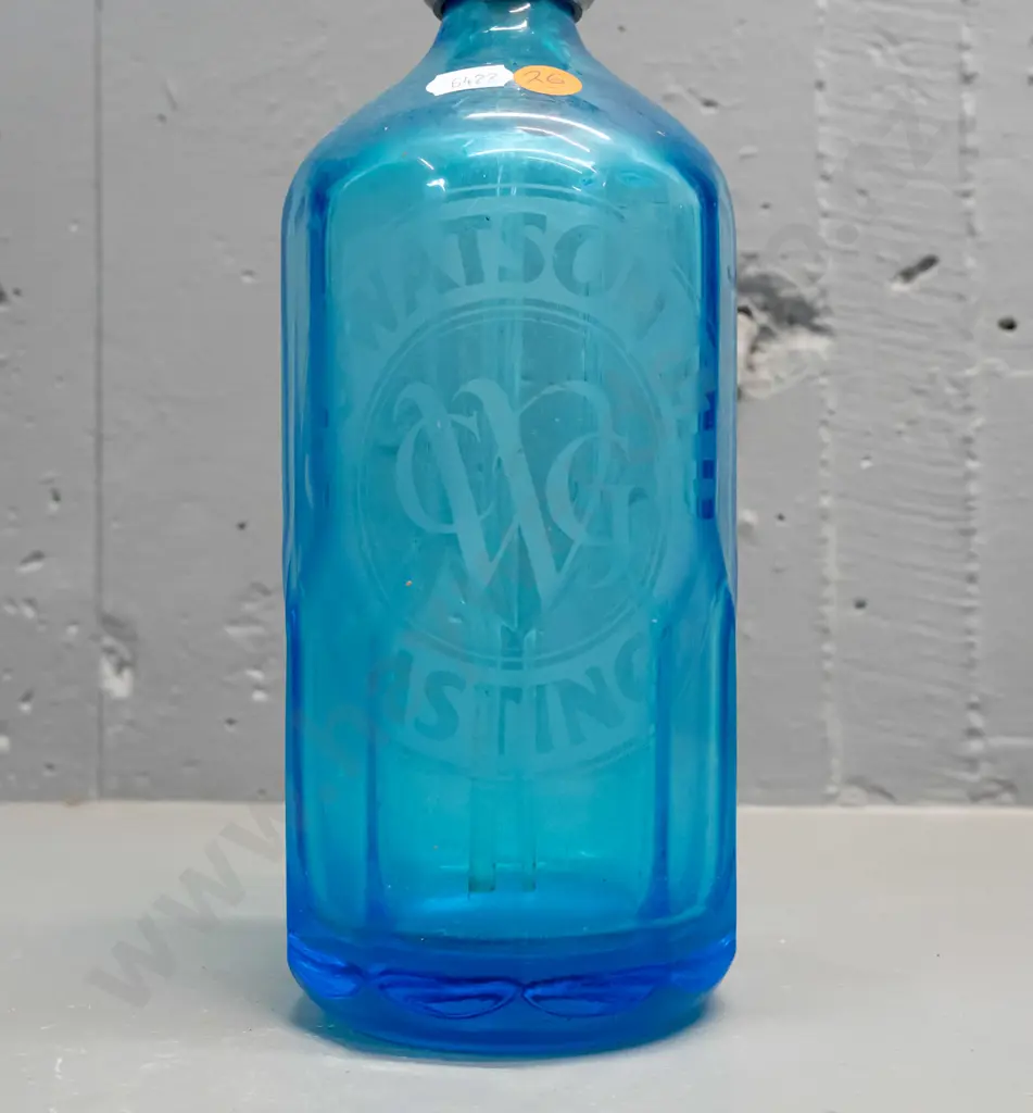 bright blue faceted glass soda syphon marked C.G. Watson Ltd Hastings - British Syphon Co London, cap marked C.G. Watson Image 1++
