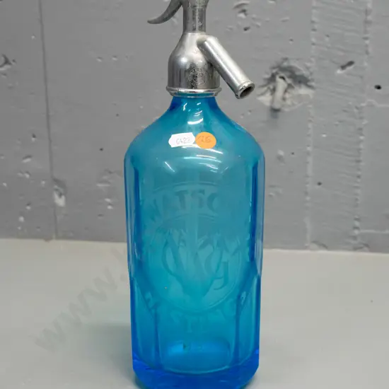 bright blue faceted glass soda syphon marked C.G. Watson Ltd Hastings - British Syphon Co London, cap marked C.G. Watson
