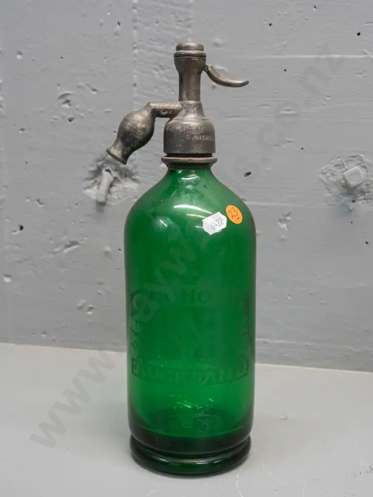 green glass soda syphon - both bottle and cap marked C. Nicholls Auckland H-300 - interior fault at bottom Image 1++