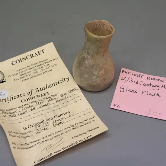 small 2nd or 3rd century Roman glass flask with certificate H-60