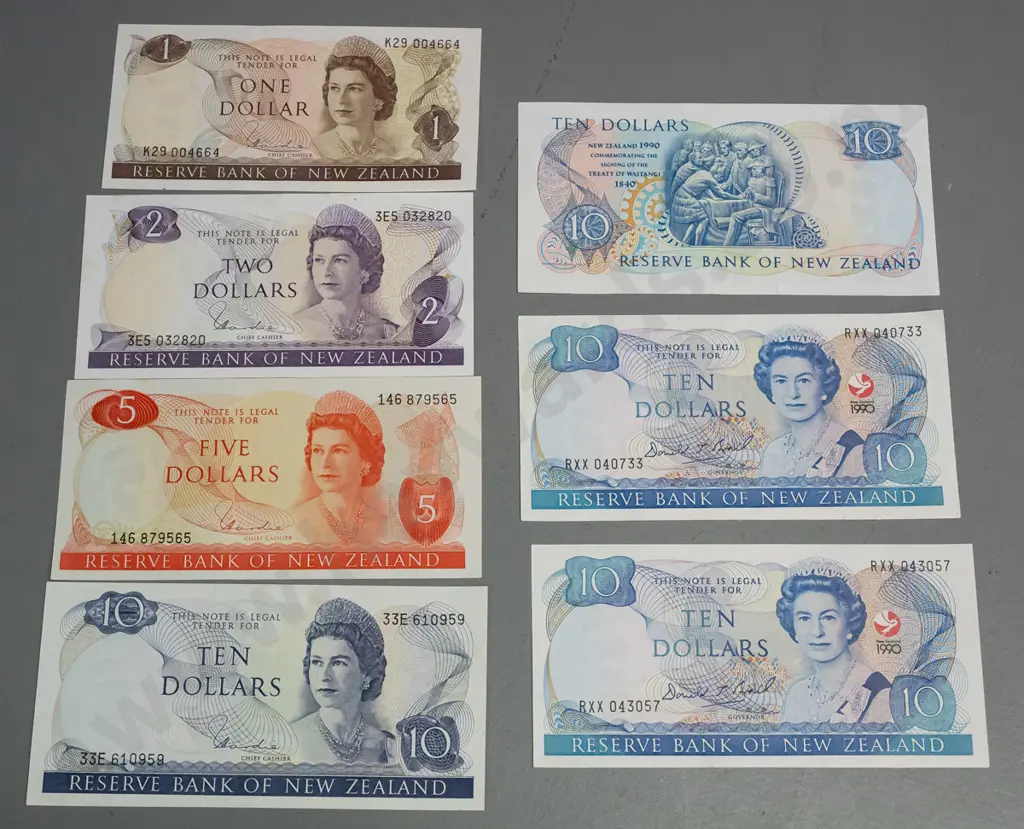 New Zealand bank notes - $1, 2, 5 and $10 and three 1990 $10 notes with Waitangi 150th anniversary heron mark Image 1++