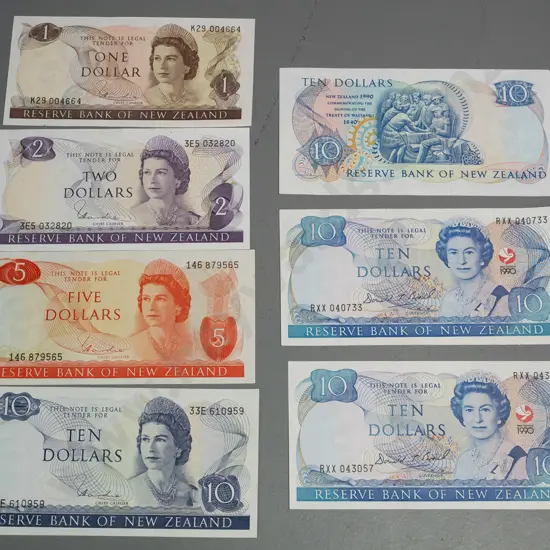 New Zealand bank notes - $1, 2, 5 and $10 and three 1990 $10 notes with Waitangi 150th anniversary heron mark