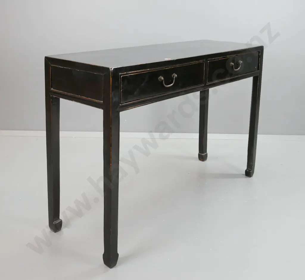 Chinese black lacquer 2-drawer altar table with panelled sides, square legs on bracket feet, brass swan neck handles to Image 1++