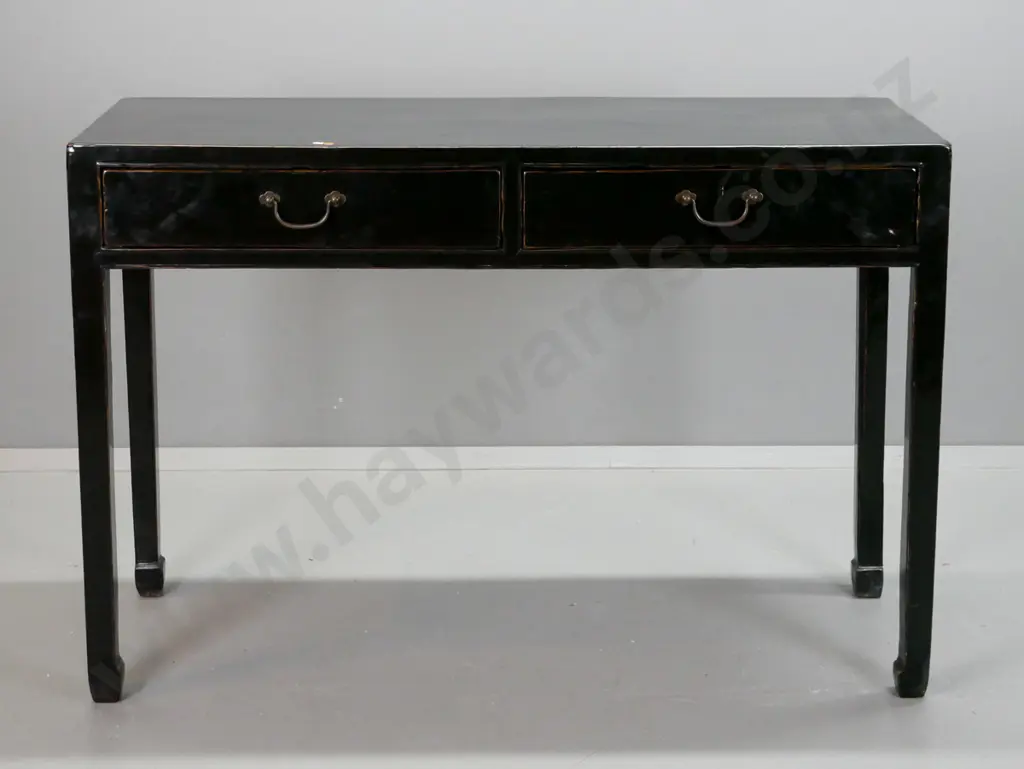 Chinese black lacquer 2-drawer altar table with panelled sides, square legs on bracket feet, brass swan neck handles to Image 1++