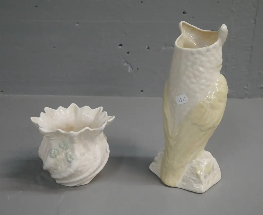 2 pieces of green-marked Belleek: Ivory & yellow owl vase, polychrome scallop-edged vase Image 1++