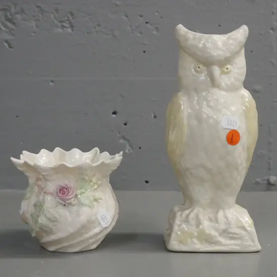 2 pieces of green-marked Belleek: Ivory & yellow owl vase, polychrome scallop-edged vase