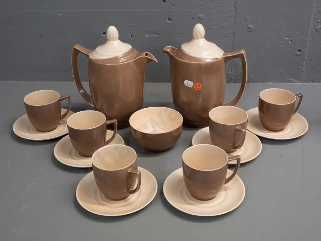 Branksome china coffee set with 2 hot water / coffee pots, 6 cups & saucers and a sugar bowl, one pot has tiny fleck on Image 1++