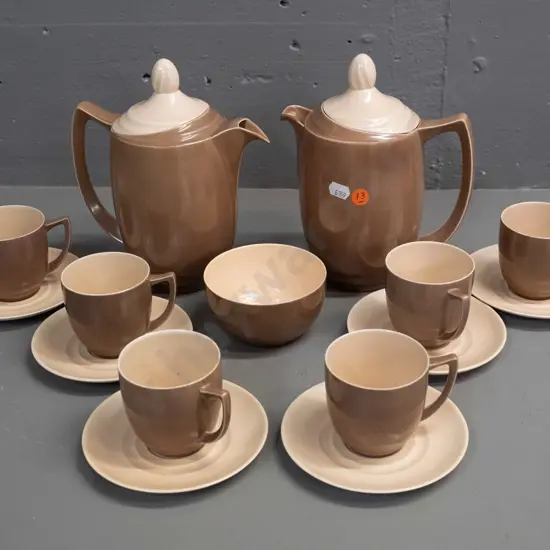 Branksome china coffee set with 2 hot water / coffee pots, 6 cups & saucers and a sugar bowl, one pot has tiny fleck on