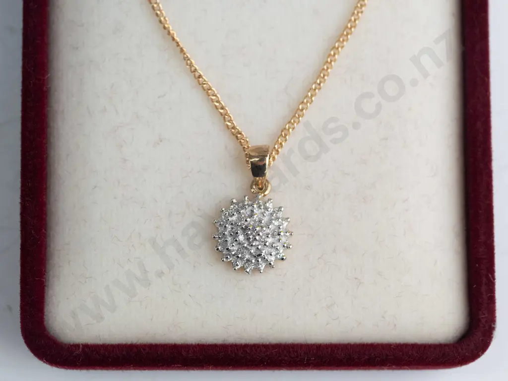 9ct cluster diamond pendant with gold plate chain  3.2gms Image 1++