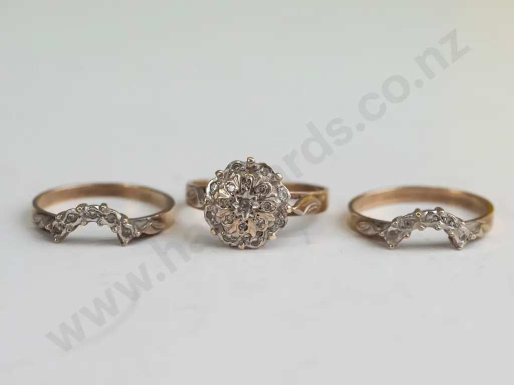 9ct diamond trio set - cluster & 2 crescent rings 5.9gms Image 1++