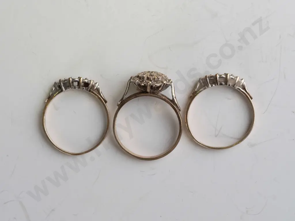 9ct diamond trio set - cluster & 2 crescent rings 5.9gms Image 1++