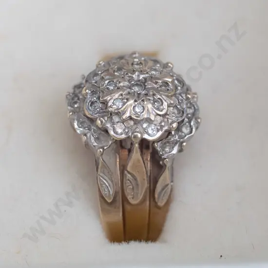 9ct diamond trio set - cluster & 2 crescent rings 5.9gms