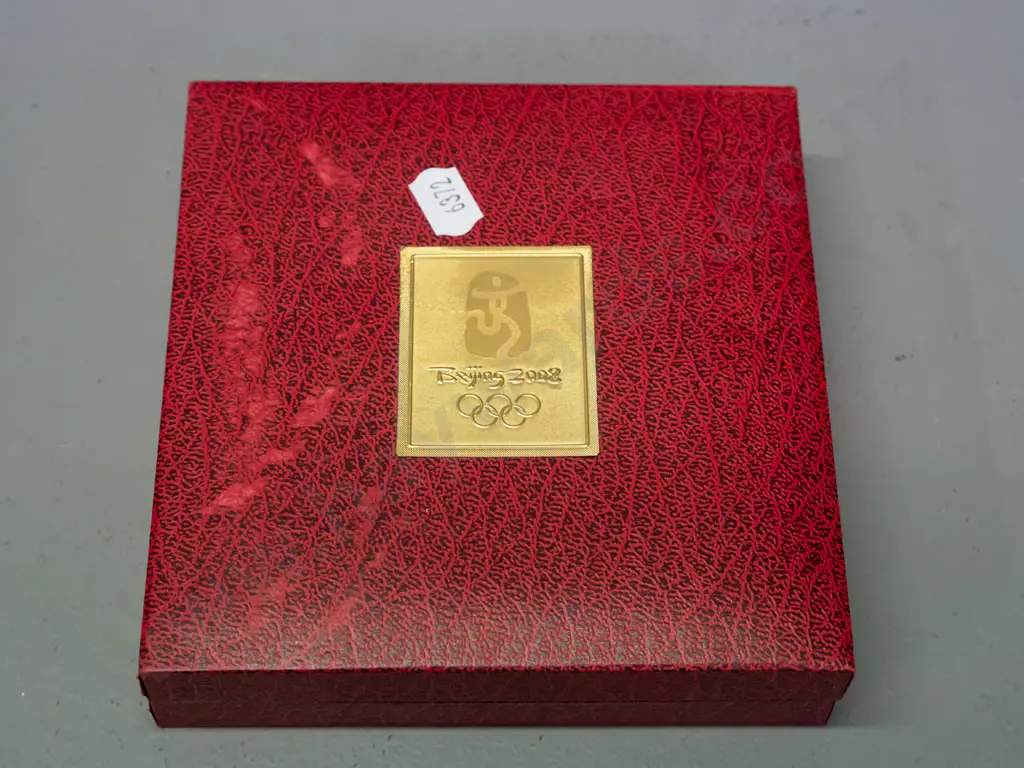 2008 Beijing Olympics gold plated copper medallion in presentation box with certificates. Box H-30 W-140 D-140 Image 1++