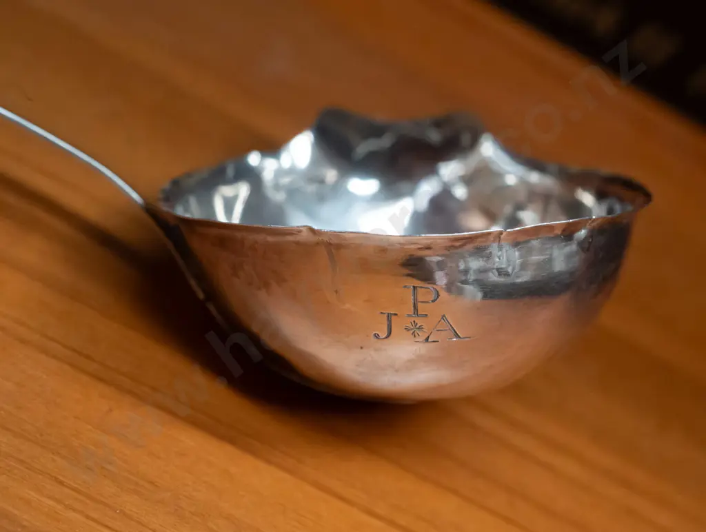 antique sterling silver twist-handle punch ladle with engraved monogram J.P.A. L-340 Image 1++