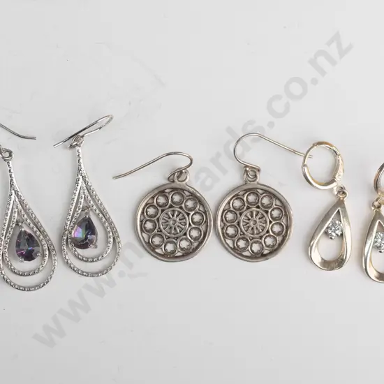 3 pairs of silver earrings both stamped 925