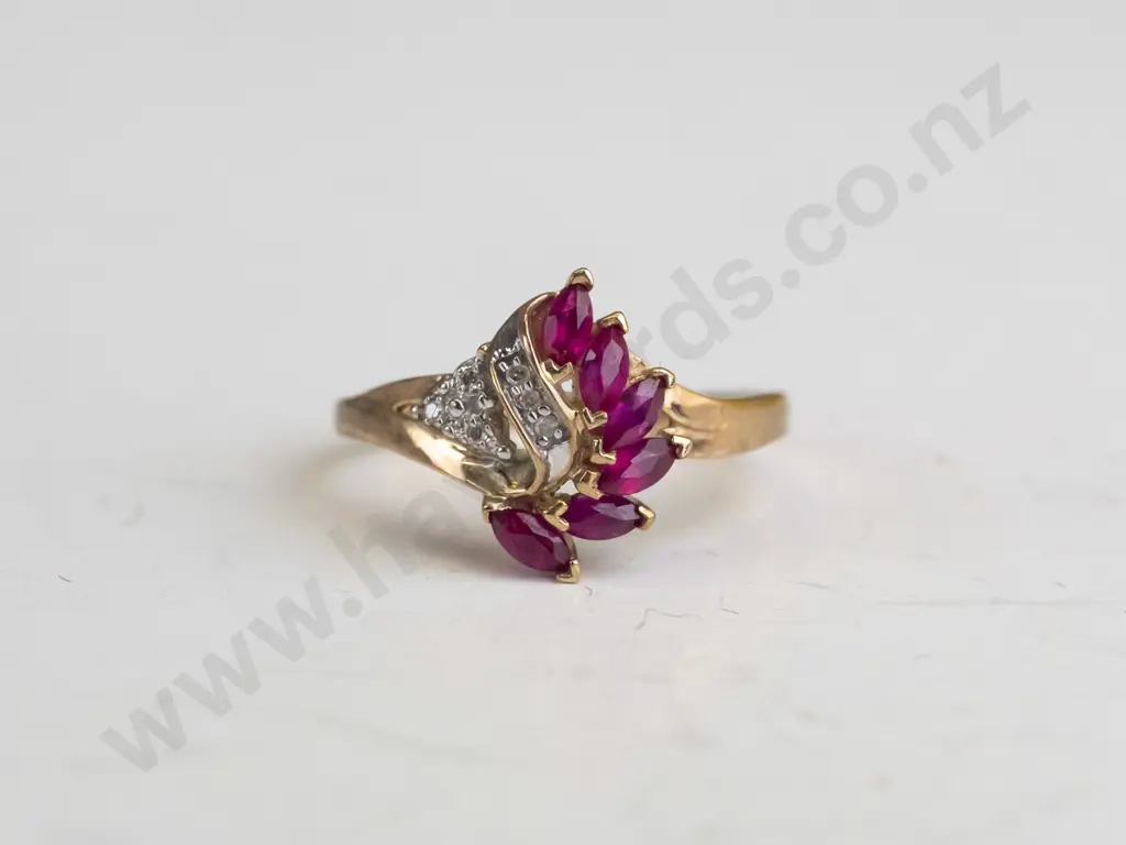 9ct ruby marquis cut & diamond ring  2.2gms Image 1++