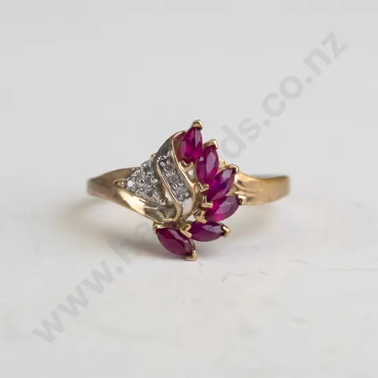 9ct ruby marquis cut & diamond ring  2.2gms