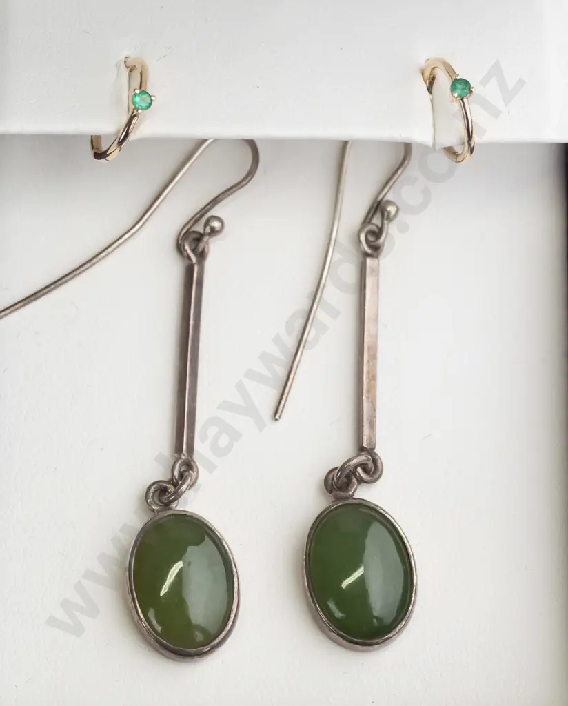 10kt hoop hinged emerald earrings & sterling silver greenstone drop earrings Image 1++