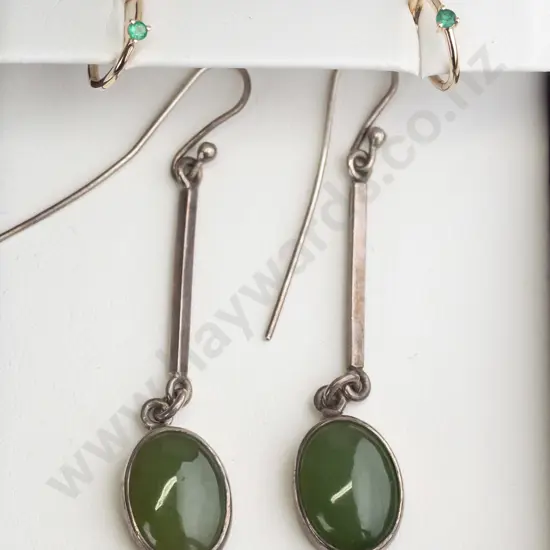 10kt hoop hinged emerald earrings & sterling silver greenstone drop earrings