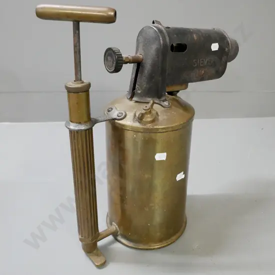 Large brass and cast metal vintage blowtorch w/ pump on handle. Max Sievert, Stockholm. H-380 D-330
