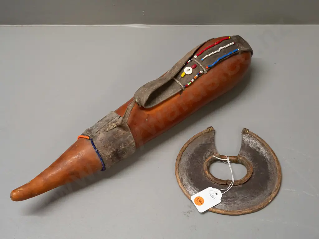 Turkan Kenyan wrist knife and an African gourd with leather strap and bead and button decoration L-430 Image 1++