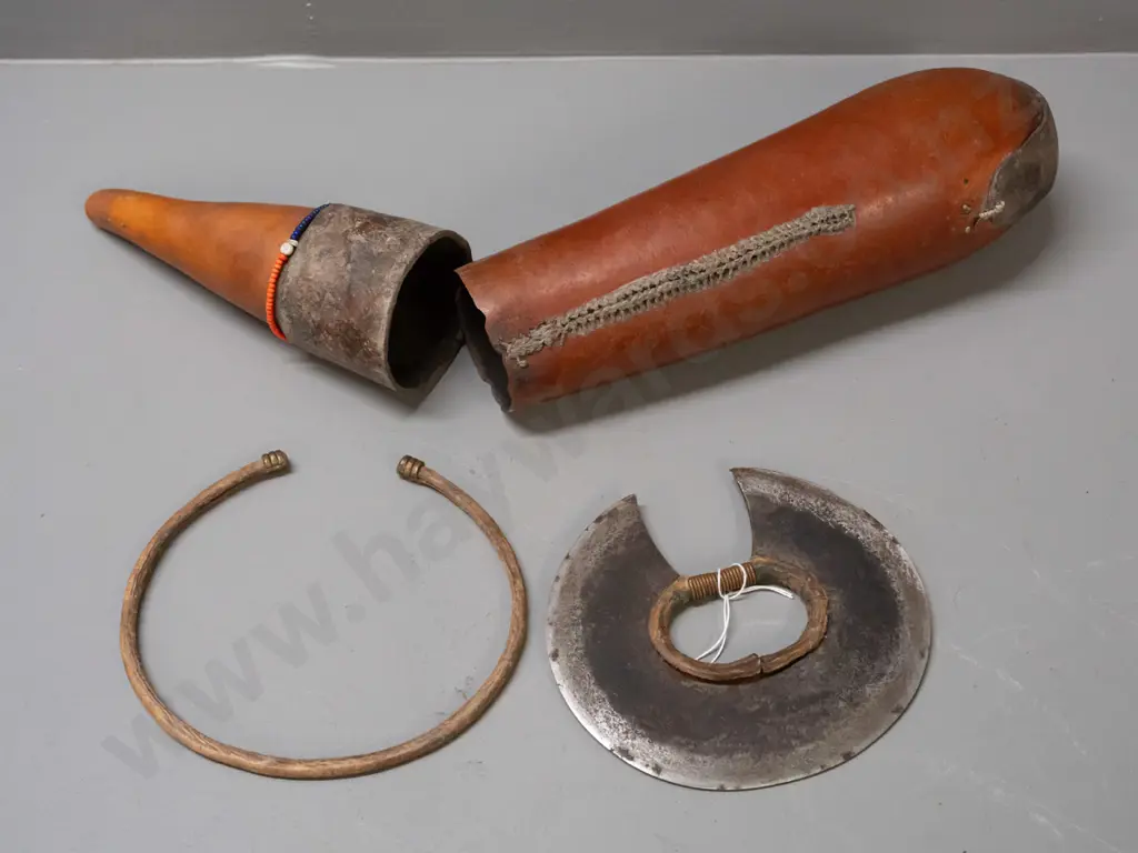 Turkan Kenyan wrist knife and an African gourd with leather strap and bead and button decoration L-430 Image 1++