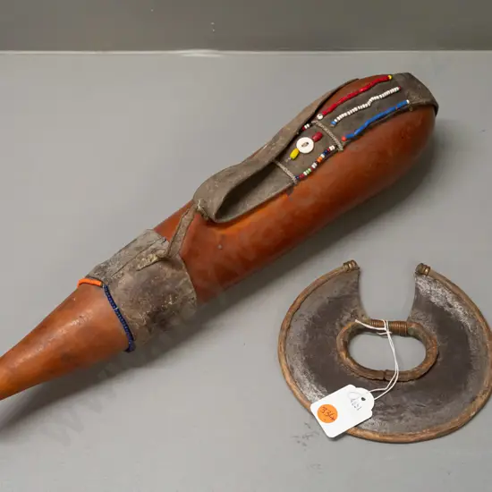 Turkan Kenyan wrist knife and an African gourd with leather strap and bead and button decoration L-430