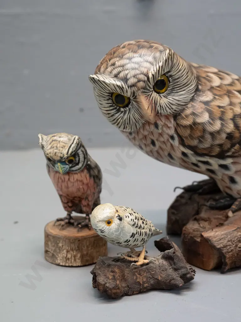5 carved and painted wood owl figurines - no maker's marks, largest is H-140 W-180 Image 1++