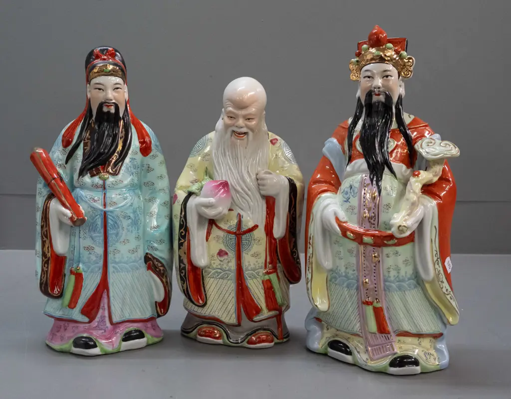 3 Chinese hand painted figures, character marks on base, one missing head-dress pieces, one missing top of staff. Taller Image 1++