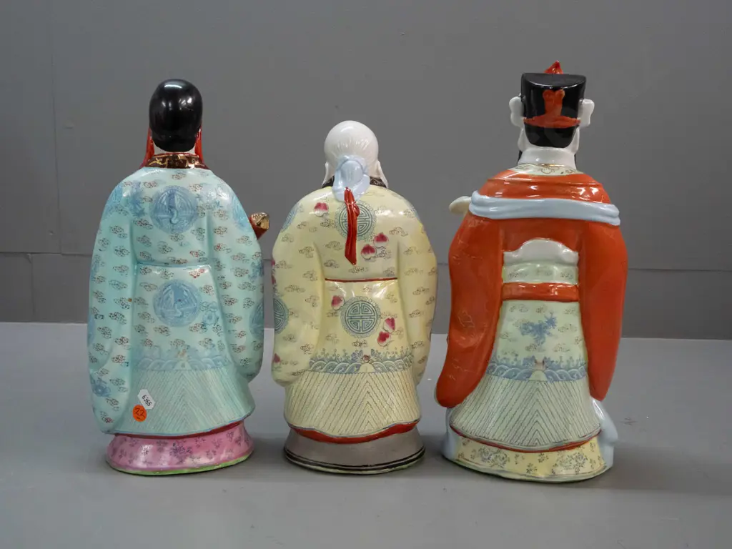 3 Chinese hand painted figures, character marks on base, one missing head-dress pieces, one missing top of staff. Taller Image 1++